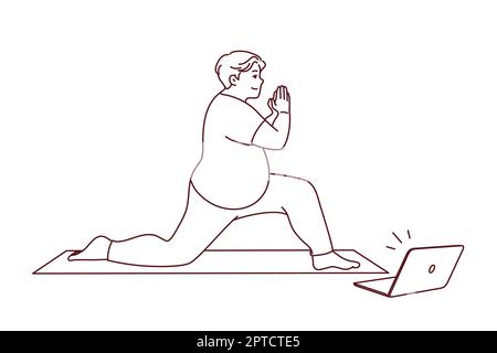 Uomo grasso in allenamento sportswear su tappetino con video lezione on-line sul computer. I maschi in sovrappeso fanno l'esercizio sportivo con lezioni su internet sul computer portatile. Ehea Foto Stock