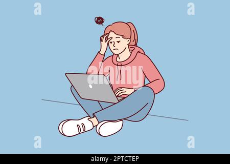 Le studentesse che lavorano sul laptop soffrono di mancanza di ispirazione. Donna stressata studio sulla lotta al computer con distrazione. Illustrazione vettoriale. Foto Stock