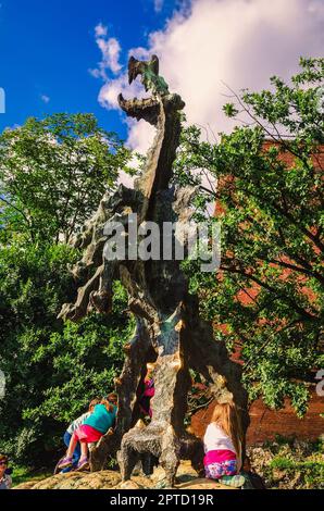 Cracovia, Polonia - 16 agosto 2014: I turisti che visitano la statua del drago di Wawel (Smok Wawelski). Il monumento è un famoso simbolo del folclore polacco, i Foto Stock