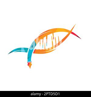Disegno del logo vettoriale della penna del DNA. Concetto del logo di educazione della scienza del DNA. Illustrazione Vettoriale