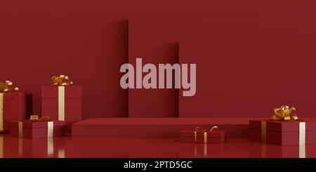 Box regalo podio sfondo con colore rosso e nastro dorato, rendering 3D Foto Stock