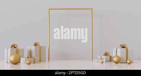 Box regalo sfondo podio con nastro dorato di colore bianco con cornice quadrata, 3D rendering Foto Stock