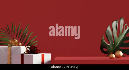 Podium sfondo scatola regalo con sfondo rosso, rendering 3D Foto Stock