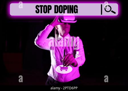 Visualizzazione concettuale Stop doping, Business Concept porre fine all'infezione virale dei polmoni e delle vie aeree uomo d'affari con Tablet mostrando Sound S U Foto Stock