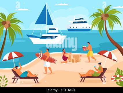 Yachts Template Hand Drawed Cartoon Flat Illustrazione con persone Danzando, prendendo il sole, bevendo cocktail e rilassandosi su Cruise Yacht a Ocean Illustrazione Vettoriale