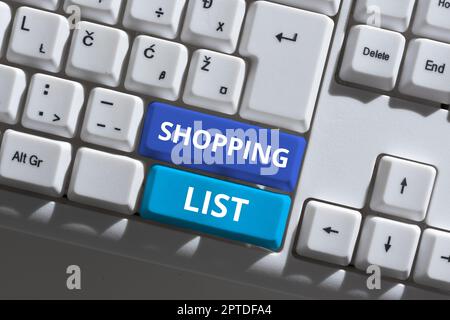 Scrittura che visualizza il testo Lista di acquisti, metodo di disciplina di idea di affari agli articoli di base di shopping da comprare Foto Stock