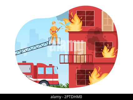 Vigili del fuoco con vigili del fuoco che estinguono la casa, la foresta e aiutare le persone in varie situazioni in Cartoon piano disegnato a mano Illustrazione Foto Stock