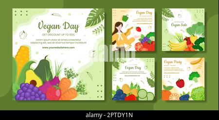 Happy Vegetarian Day o Vegan Social Media Post modello Cartoon piano disegnato a mano Illustrazione Illustrazione Vettoriale
