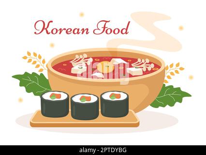 Korean Food Set Menu di varie specialità tradizionali o nazionali deliziosa cucina piatto in Cartoon piano modelli disegnati a mano Illustrazione Foto Stock