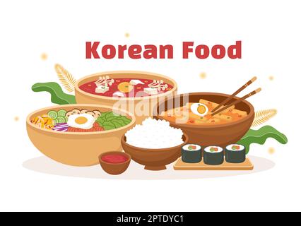 Korean Food Set Menu di varie specialità tradizionali o nazionali deliziosa cucina piatto in Cartoon piano modelli disegnati a mano Illustrazione Foto Stock