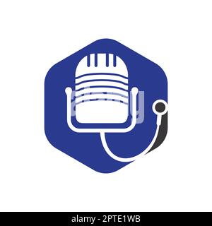 Disegno del logo vettoriale del podcast medico. Simbolo di illustrazione dello stetoscopio e del microfono. Illustrazione Vettoriale