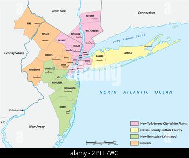 Mappa delle contee nelle quattro divisioni dell'area metropolitana di New York Illustrazione Vettoriale