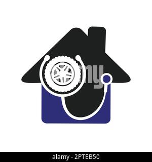 Concetto di logo per il supporto e la cura del settore automobilistico. Logo con stetoscopio e pneumatici. Illustrazione Vettoriale