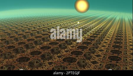 la superficie di un pianeta alieno sotto un sole alieno 3d rendering Foto Stock