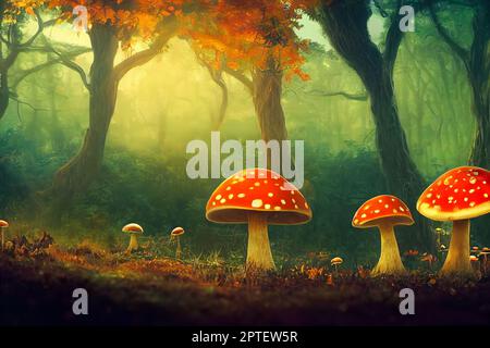 Fly funghi agarici nella foresta, 3D rendering, illustrazione Foto Stock