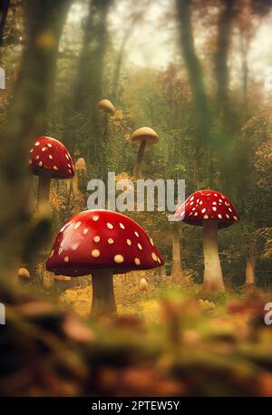 Fly funghi agarici nella foresta, disegno illustrazione 3D Foto Stock