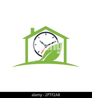 Natura tempo vettore logo design. Combinazione orologio vettoriale e logo foglia. Illustrazione Vettoriale