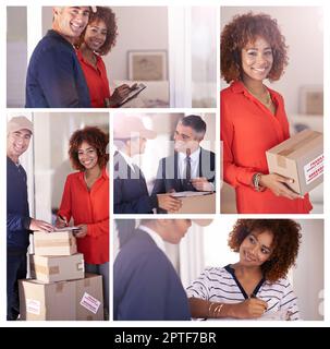 Consegna porta a porta. Immagine composita di una giovane donna attraente che ottiene una consegna Foto Stock