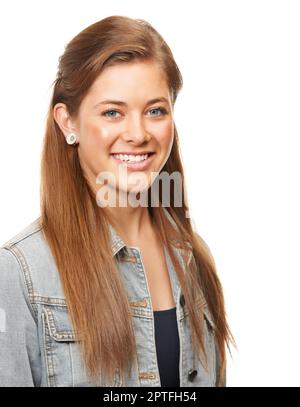Ragazza-accanto-tipo della porta di bellezza. Foto studio di una bella giovane donna che posa su uno sfondo bianco Foto Stock