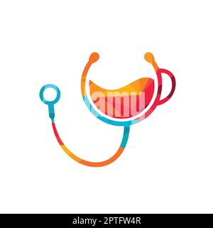 Sano disegno del logo vettoriale del caffè. Stetoscopio per medici con logo della tazza da caffè. Illustrazione Vettoriale