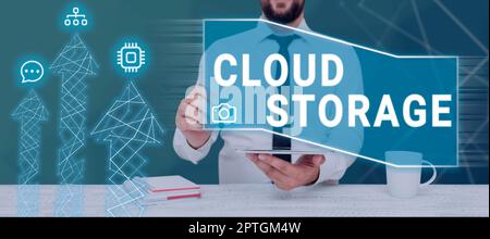 Didascalia di testo che presenta Cloud Storage, il computing fotografico concettuale connette i dispositivi ai dati cloud su storage remoto Foto Stock