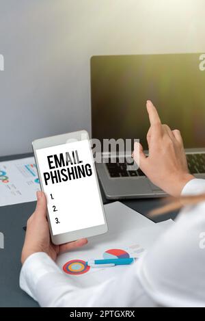 Testo che mostra ispirazione Email PhishingEmails che possono collegarsi a siti web che distribuiscono malware, Word scritto su e-mail che possono collegarsi a siti web che Foto Stock