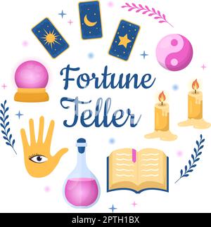 Fortune Teller Template mano disegnata Cartoon Flat Illustrazione con Crystal Ball, Magic Book o carte per predicts fate e raccontare il concetto futuro Illustrazione Vettoriale