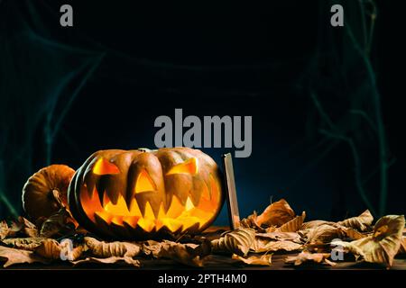 Zucche di Halloween e smartphone in scary notte profonda. Sfondo di Halloween Foto Stock