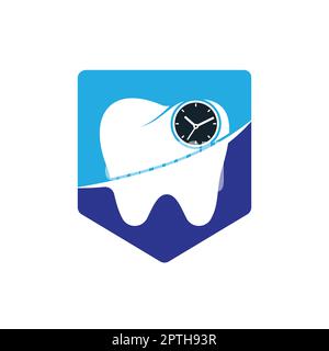 Modello di disegno del logo del vettore del tempo dentale. Disegno icona dente umano e orologio. Illustrazione Vettoriale