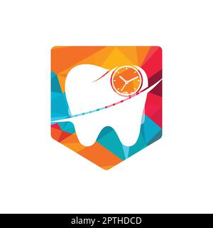 Modello di disegno del logo del vettore del tempo dentale. Disegno icona dente umano e orologio. Illustrazione Vettoriale