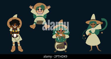 Bella serie di streghe halloween con design piatto Illustrazione Vettoriale