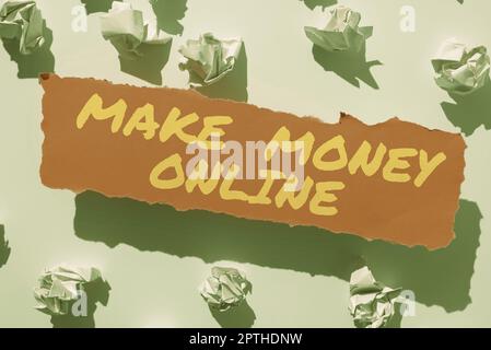 Testo di scrittura rendere i soldi in linea, concetto del Internet ottenere pagato guadagnare i contanti con il freelancing e l'introduzione sul mercato di fotoricettore Foto Stock