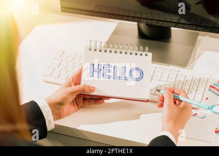 Segno che mostra Ciao, variante del concetto Internet di hallo che era un'alterazione di holla o hollo Foto Stock