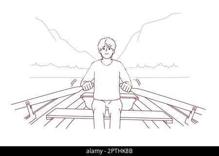 L'uomo si siede in barca a remi in paesaggio di montagna Illustrazione Vettoriale