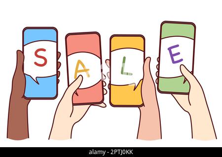 Le persone hanno a disposizione gli smartphone con notifiche di vendita Illustrazione Vettoriale