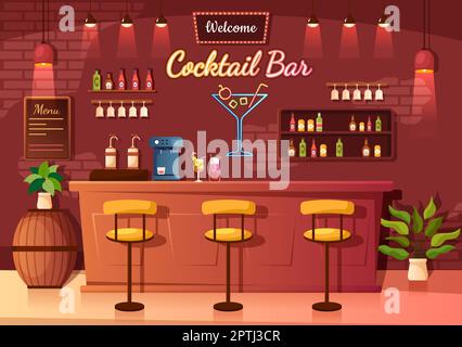 Cocktail Bar o Nightclub con amici Hanging out con bevande alcoliche di succo di frutta o cocktail su piano Cartoon disegno modello illustrazione Foto Stock