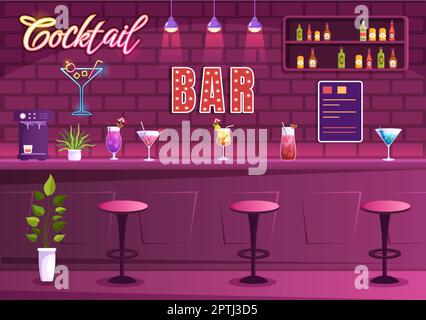 Cocktail Bar o Nightclub con amici Hanging out con bevande alcoliche di succo di frutta o cocktail su piano Cartoon disegno modello illustrazione Foto Stock