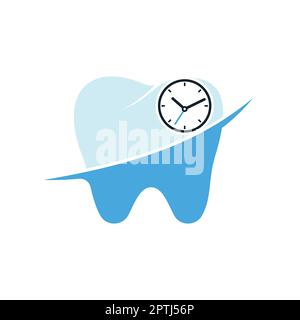 Modello di disegno del logo del vettore del tempo dentale. Disegno icona dente umano e orologio. Illustrazione Vettoriale