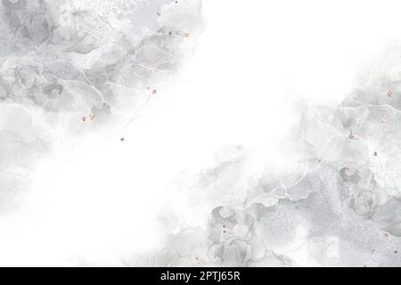 Elegante struttura in marmo con inchiostro all'alcool Onde grigie e glitter d'oro rosa su sfondo bianco. Spazio per il testo Foto Stock