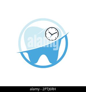 Modello di disegno del logo del vettore del tempo dentale. Disegno icona dente umano e orologio. Illustrazione Vettoriale