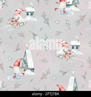 Acquerello Nordic Scandinavian gnomo senza cuciture. Nani pattinaggio, slittino, casa e rosmarino su sfondo rosa. Natale disegnato a mano Foto Stock