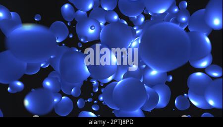 Sfondo astratto con blu brillante bolle liquide incandescente energia magia cerchi e palline gocce in animazione 4K design ad alta risoluzione. Foto Stock