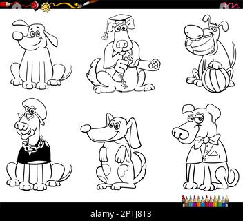 i personaggi dei cani o dei cuccioli di cartone animato impostano la pagina da colorare Illustrazione Vettoriale