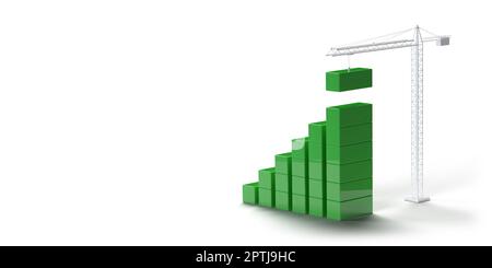 Costruzione di gru blocchi verdi in cima. 3D render business costruzione finanza illustrazione disegno. Sfondo bianco, spazio di copia. Immobiliare, proprietà Foto Stock