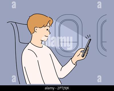Uomo che usa il cellulare in aereo Illustrazione Vettoriale
