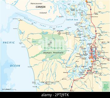 Mappa che circonda Olympic Peninsula e Greater Seattle, Washington, Stati Uniti Illustrazione Vettoriale