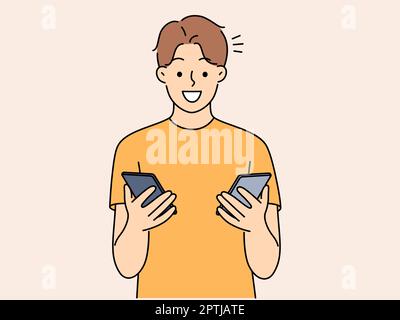 Uomo sorridente che tiene i cellulari Illustrazione Vettoriale