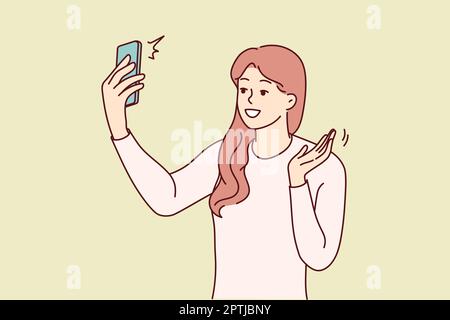 Donna sorridente parla in videochiamata su cellulare Illustrazione Vettoriale
