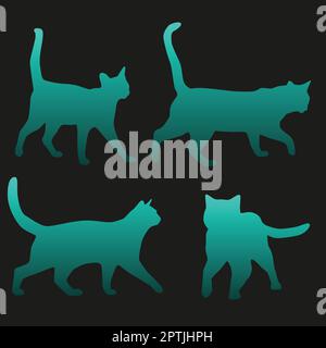 Set di quattro silhouette di gatti isolate su sfondo nero Illustrazione Vettoriale