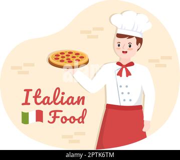 Italian Food Restaurant o Cafeteria con Chef preparazione di piatti tradizionali italiani Pizza in Cartoon disegnata a mano modello Illustrazione Illustrazione Vettoriale